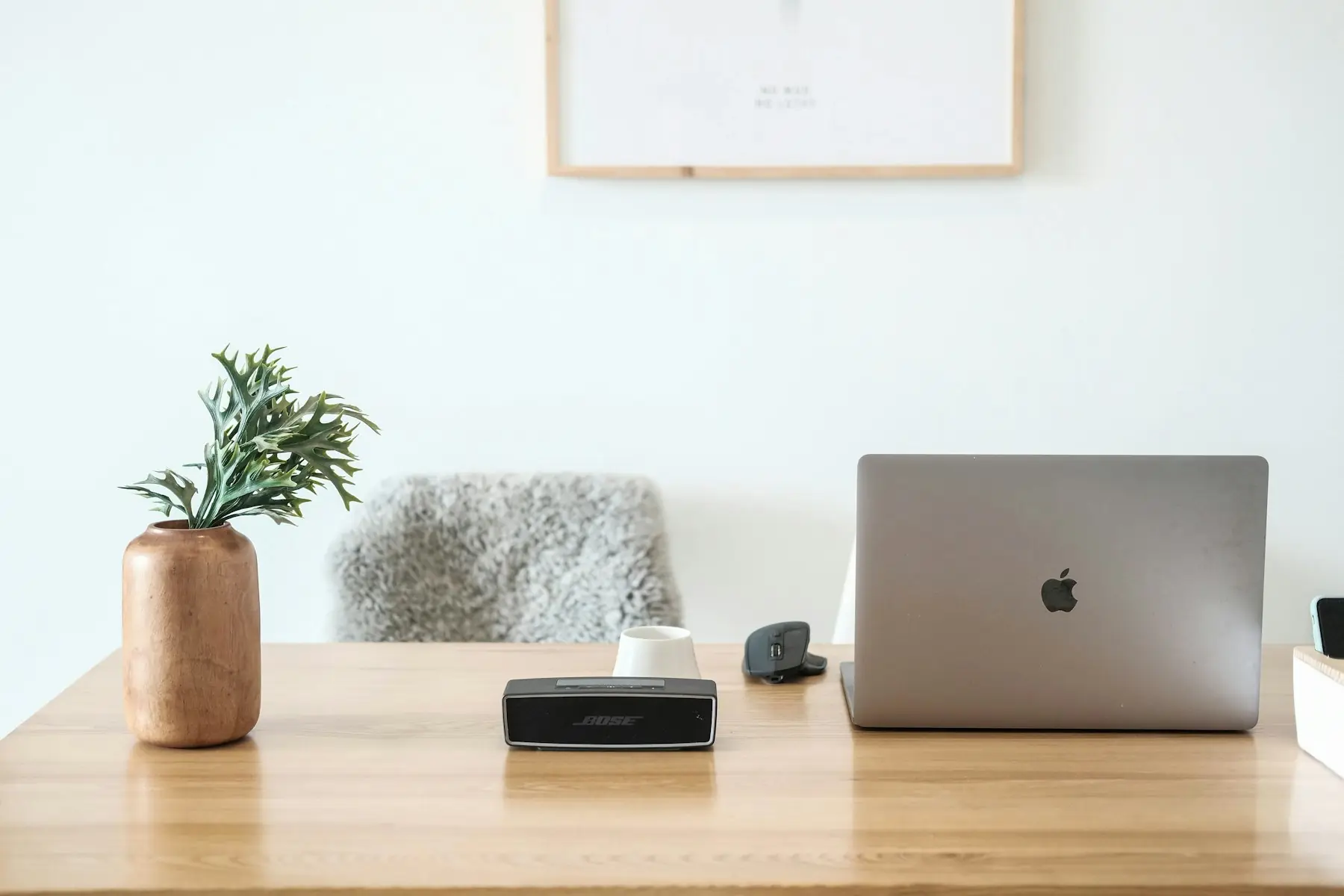 Mesa de trabalho organizada com notebook e planta